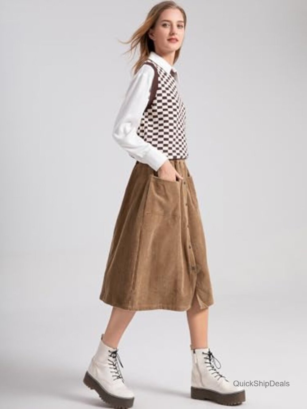 Women's Corduroy A-Line Midi Skirt Front Split Buttons Flared - Picture 4 of 6